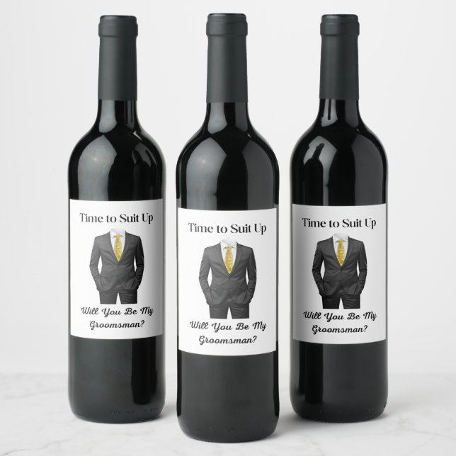  modern chic tuxedo groomsman proposal wine label (Bottles)