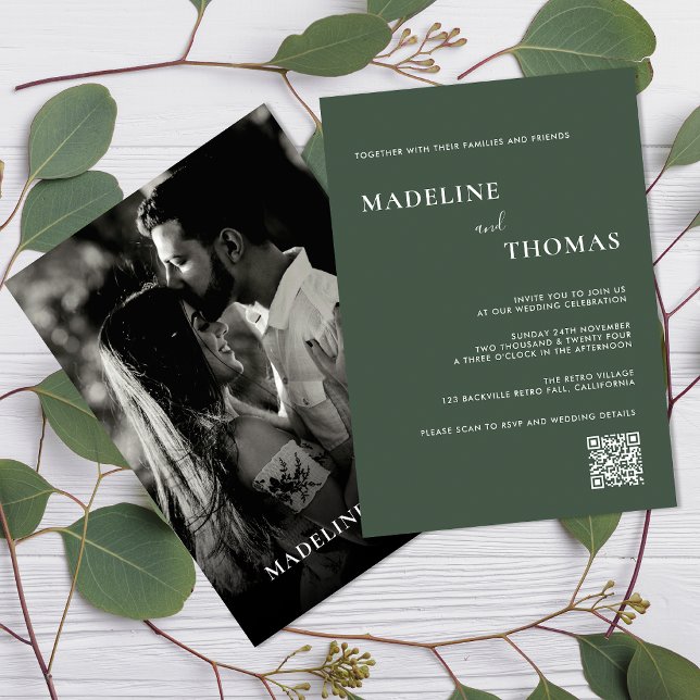 Modern Chic Typography Dark Green Photo Wedding Invitation (Creator Uploaded)
