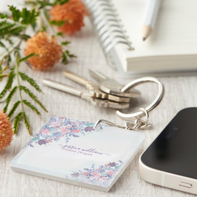 Modern Chic Watercolor Blue Hydrangeas Floral  Key Ring (Front Right)