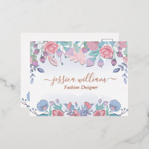 Modern Chic Watercolor Blue Hydrangeas Floral Post Foil Holiday Postcard