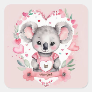 Modern Chic Watercolor Koala Pink Birthday Party Square Sticker