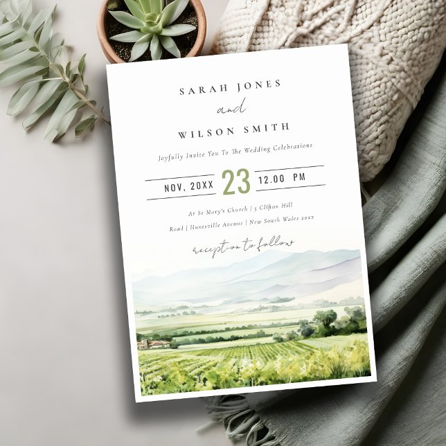 Modern Chic Watercolor Vineyard Landscape Wedding Invitation (Creator Uploaded)
