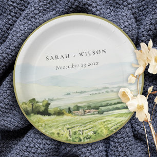 Modern Chic Watercolor Vineyard Landscape Wedding Paper Plate