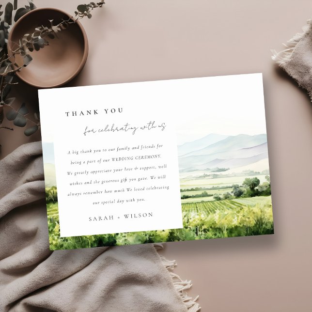 Modern Chic Watercolor Vineyard Landscape Wedding Thank You Card (Creator Uploaded)