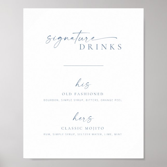 Modern Chic Wedding Signature Drinks Sign | Blue (Front)