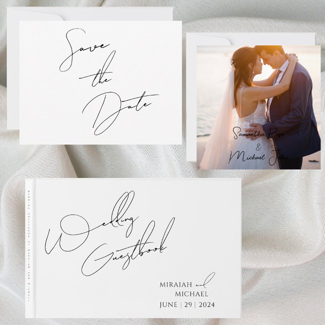Modern Chic White & Black Scripts Wedding  Guest Book (Creator Uploaded)