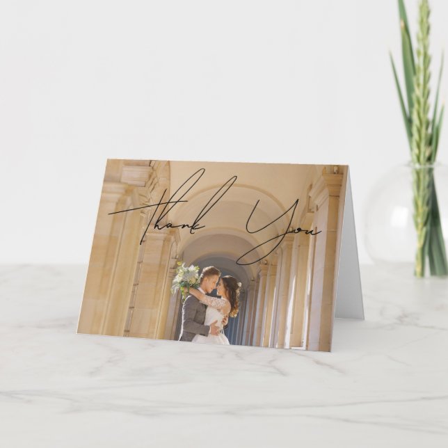 Modern Chic White & Black Scripts Wedding Photo Thank You Card (Front)