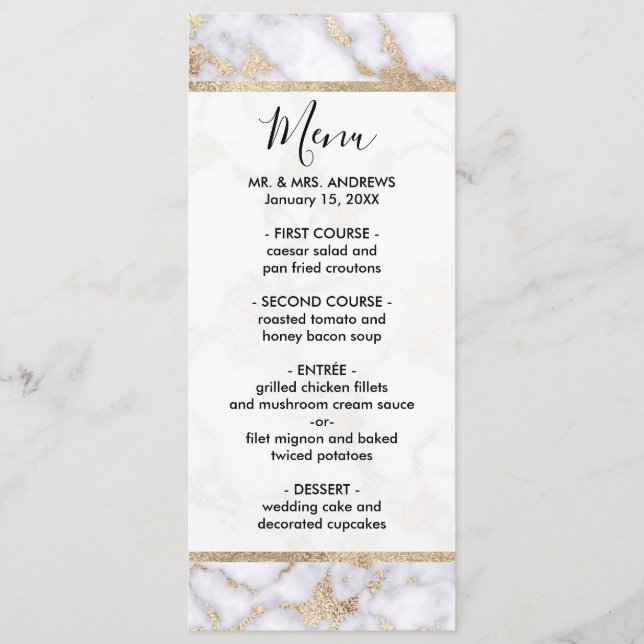 Modern Chic White Gold Foil Marble Pattern Menu (Front)