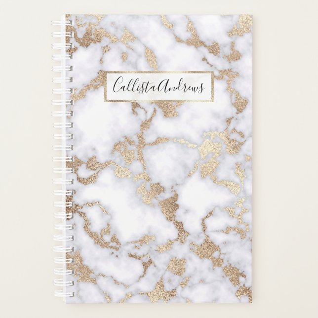 Modern Chic White Gold Foil Marble Pattern Planner (Front)