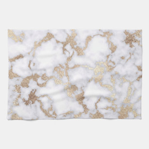 Modern Chic White Gold Foil Marble Pattern Tea Towel
