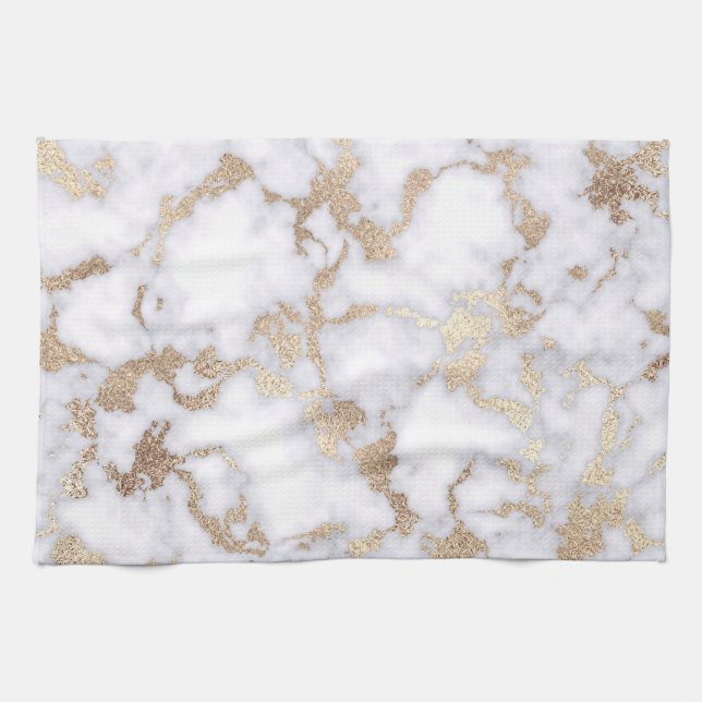 Modern Chic White Gold Foil Marble Pattern Tea Towel (Horizontal)
