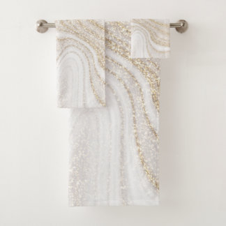 Modern chic white marble faux gold glitter bath towel set