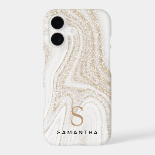Modern chic white marble gold glitter monogram