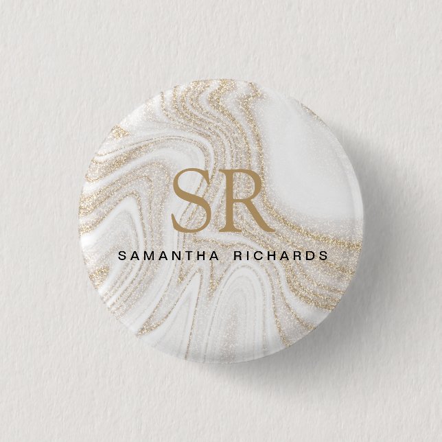 Modern chic white marble gold glitter monogram 3 cm round badge (Front)