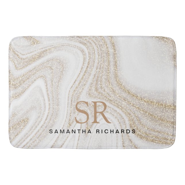 Modern chic white marble gold glitter monogram bath mat (Front)
