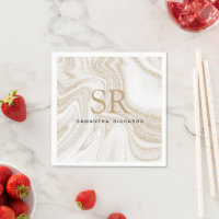 Modern chic white marble gold glitter monogram