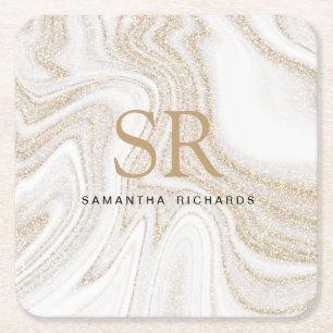 Modern chic white marble gold glitter monogram square paper coaster