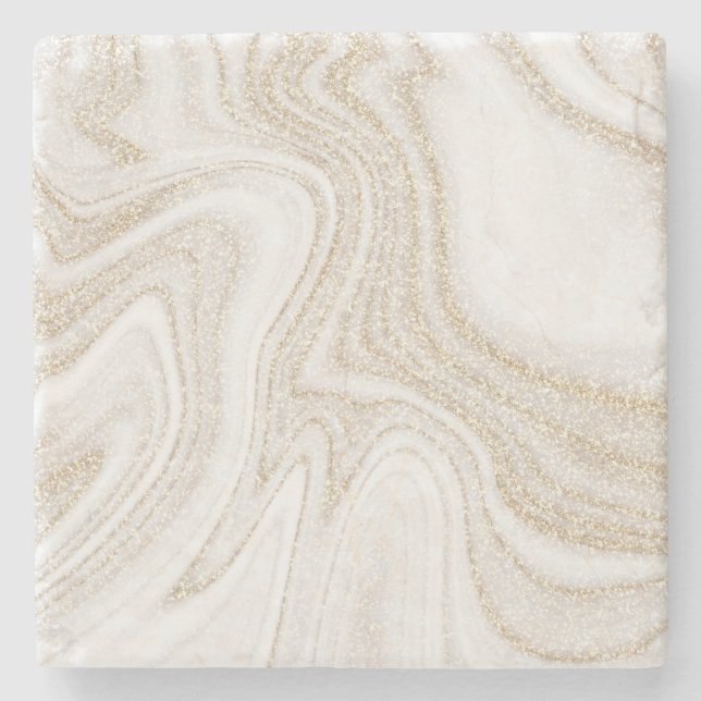Modern chic white marble gold glitter stone coaster (Front)