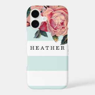 MODERN Chic Wide Stripes w Roses, Aqua Blue