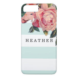 MODERN Chic Wide Stripes w Roses, Aqua Blue Case-Mate iPhone Case