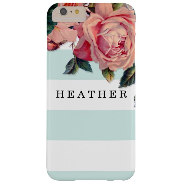 MODERN Chic Wide Stripes w Roses, Aqua Blue Case-Mate iPhone Case (Back)