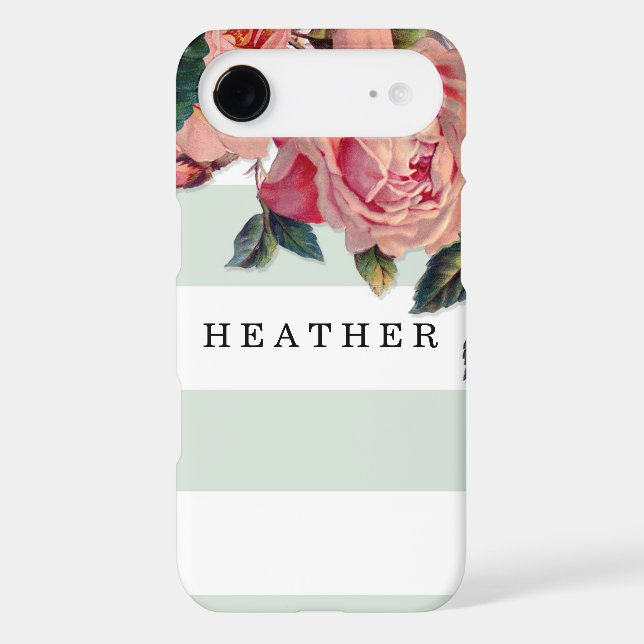 MODERN Chic Wide Stripes w Roses, Mint Green Case-Mate iPhone Case (Back)