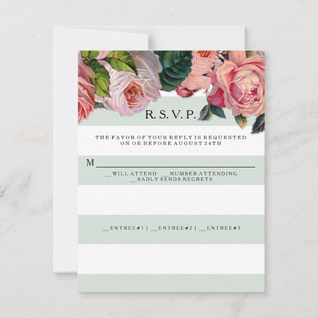 MODERN Chic Wide Stripes w Roses, Mint Green RSVP Card (Front)
