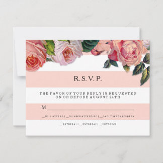 MODERN Chic Wide Stripes w Roses, Wedding RSVP Card