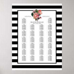 MODERN Chic Wide Stripes w Roses Wedding Seating Poster