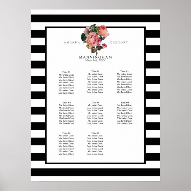 MODERN Chic Wide Stripes w Roses Wedding Seating Poster (Front)