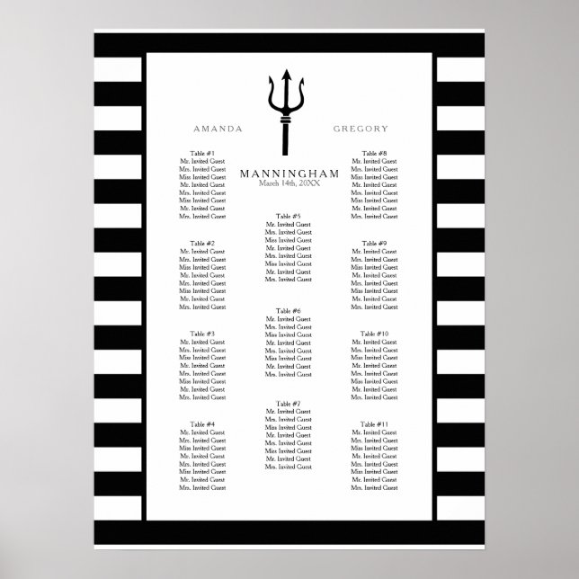 MODERN Chic Wide Stripes w Trident Wedding Seating Poster (Front)