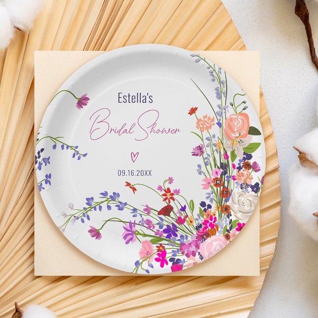 Modern chic wild flowers script bridal shower paper plate (Modern chic wild flowers script bridal shower paper plates)