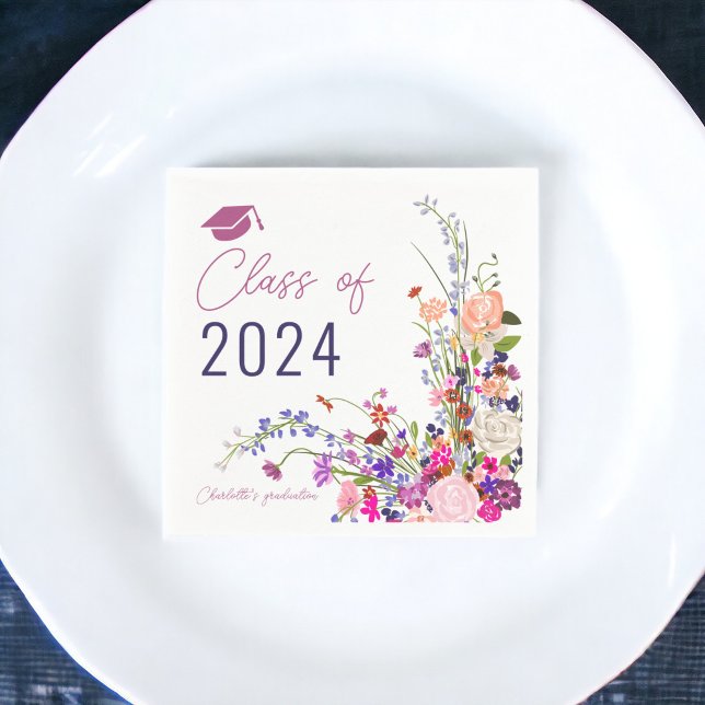 Modern chic wild flowers script class graduation  napkin (Modern chic wild flowers script class graduation napkins)