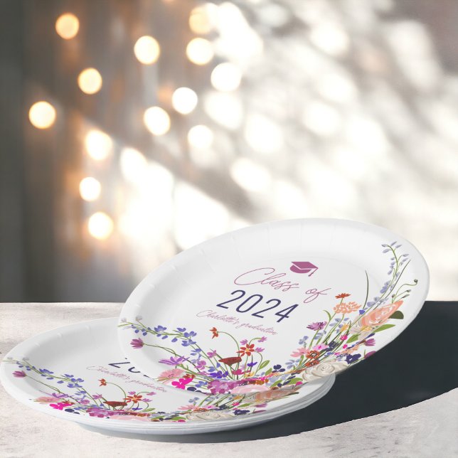 Modern chic wild flowers script class graduation  paper plate (Modern chic wild flowers script class graduation paper plates)
