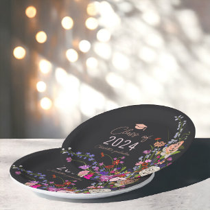 Modern chic wild flowers script class graduation  paper plate
