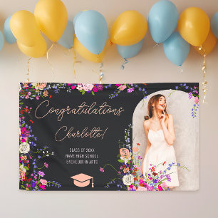 Modern chic wild flowers script photo graduation  banner
