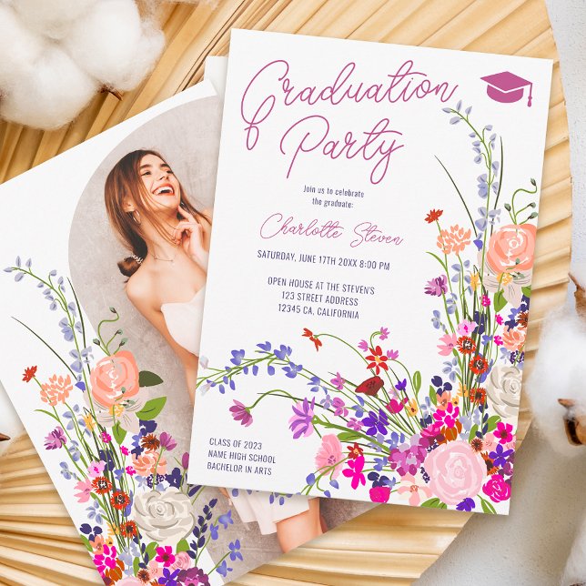 Modern chic wild flowers script photo graduation  invitation (Creator Uploaded)