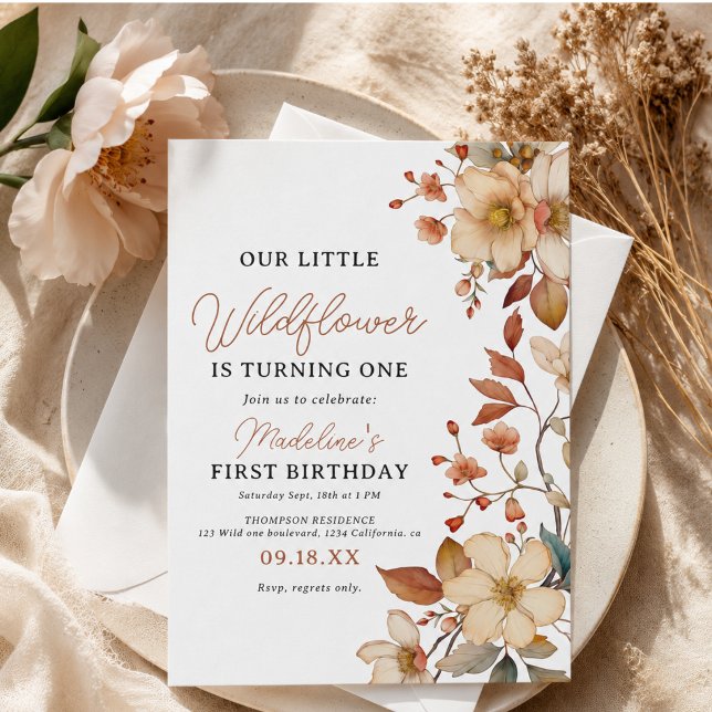  Modern Chic Wildflower Script 1st Birthday Girl  Invitation (Modern Chic Wildflower Script 1st Birthday Girl Invitation)