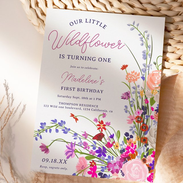 Modern chic wildflower script 1st birthday invitation (Creator Uploaded)