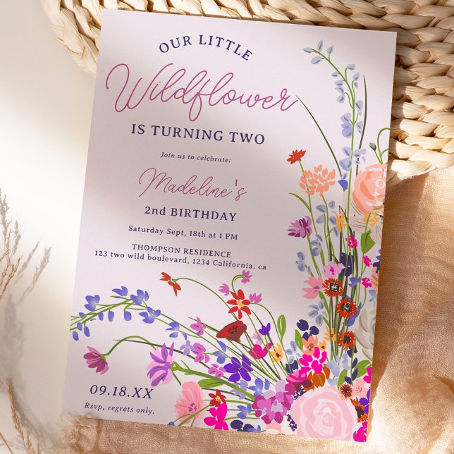 Modern chic wildflower script 2nd birthday invitation (Creator Uploaded)