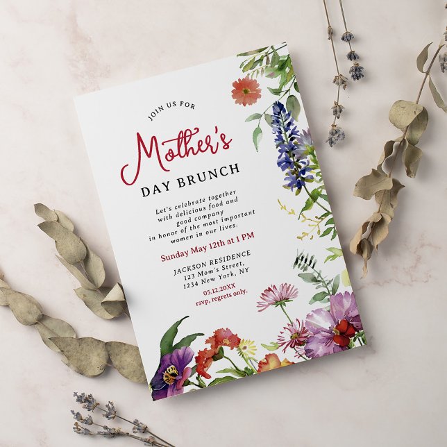 Modern Chic Wildflower Script Mother's Day Brunch Invitation (Creator Uploaded)
