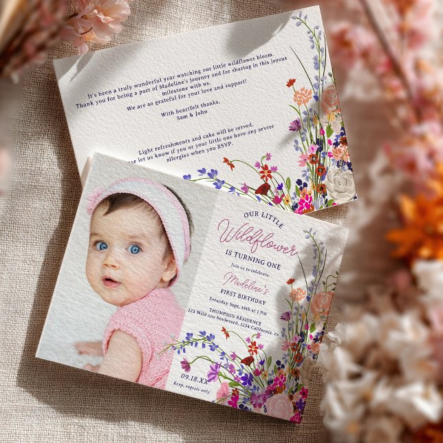 Modern chic wildflower script photo 1st birthday invitation (Modern chic wildflower script photo 1st birthday invitation)