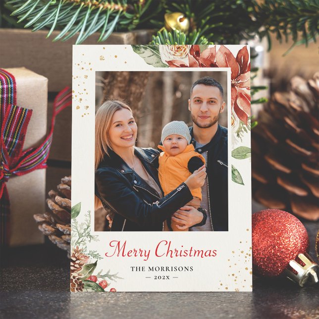 Modern Chic Winter Floral Christmas Greeting Photo Holiday Card (Creator Uploaded)
