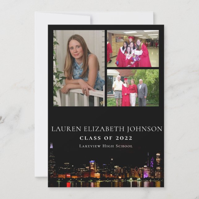 Modern Chicago Skyline 3 Photo Collage Graduation Announcement (Front)