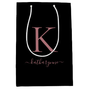 Modern Chich Black Pink Rose Gold Monogram Name Medium Gift Bag