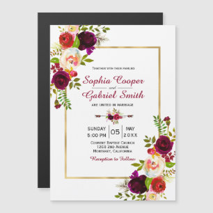 Modern Chich Burgundy Floral Gold Frame Wedding Magnetic Invitation