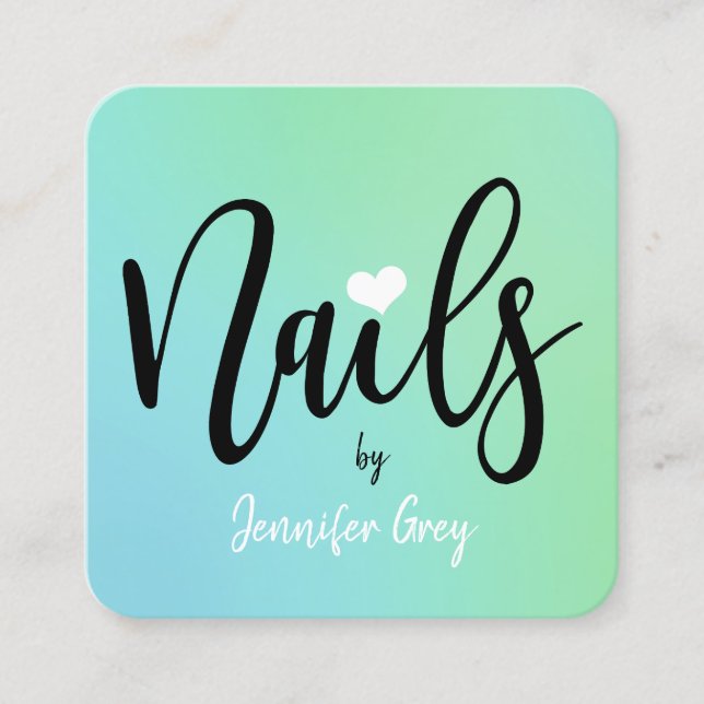 Modern chick mint blue green gradient nails square business card (Front)