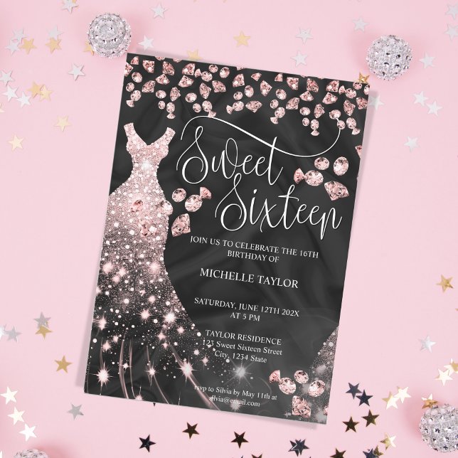 Modern Chick Rose Gold Glitter Sweet 16 Invitation (Creator Uploaded)