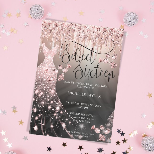 Modern Chick Rose Gold Glitter Sweet 16 Invitation (Creator Uploaded)