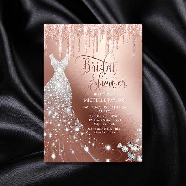 Modern Chick Rose Gold Glitter Wedding Dress Invitation (Creator Uploaded)